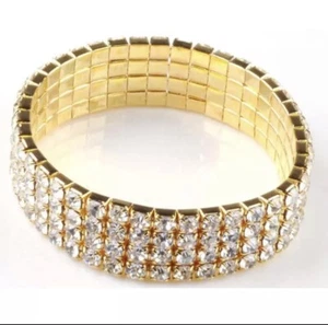 Womens Stunning Crystal Rhinestone Stretchy Silver Cuff Bracelet - 4 Row - Picture 1 of 1