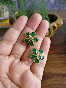 14k Yellow Gold Plated 2.40Ct Pear Simulated Green Emerald Flower Stud Earrings - Picture 1 of 4