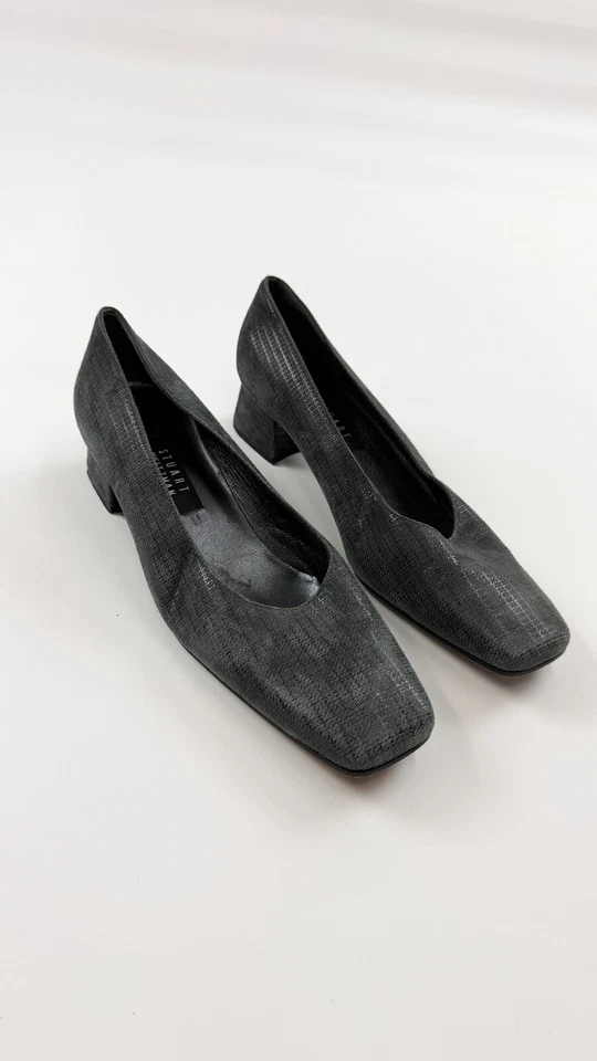 Женские серо-коричневые туфли-лодочки Stuart Weitzman 10 цвет серый на блочном каблуке комфортный квадратный носок без шнуровки - Изображение 1 из 4