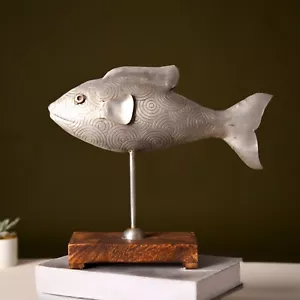 Fish Figurine With Wooden Stand 7.4" in Sculpture Home Decor Figurines Craft . - Picture 1 of 7