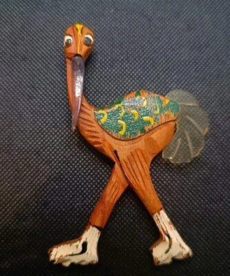 Wooden and Plastic Bird Ostrich Emu Antique Brooch Pin unsigned Hand Painted - Image 1 of 4