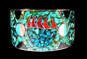 STERLINGSILBER MULTI STEIN INLAY BÄR KRALLE ARMREIF MANSCHETTENARMBAND SIGNIERT CHG - Bild 1 von 6