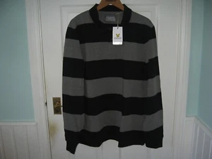 BNWT MENS LYLE & SCOTT RUGBY STYLE STRIPED LONG SLEEVE GOLF SHIRT 2XL BLACK GREY - Picture 1 of 8