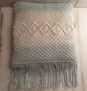 Macrame Throw Pillow Teal Aqua White With Fringe - Picture 1 of 4