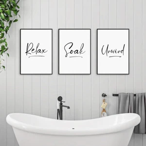 Script Style Relax Soak Unwind Bathroom Quote Prints Posters Wall Art Pictures - Picture 1 of 2