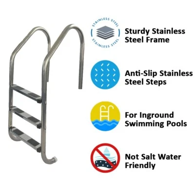 Escalera de acero inoxidable de 3 pasos y peldaños de repuesto para piscina subterránea Foto 1 de 4