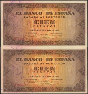 100 Pesetas. 20 de Mayo de 1938. Banco de España, Burgos, pareja casi correlati - Imagen 1 de 2