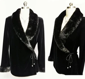 VINTAGE FAUX FUR EVENING JACKET WITH ENCRUSTED GOLD TONE RHINESTONE TIES - Picture 1 of 5