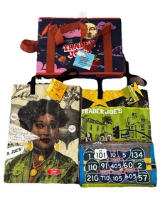 3 NWT Trader Joe's Bags 1 STAND-UP COLLAPSIBLE REUSABLE TOTE ~ 2 Cool Graphic - Picture 1 of 10