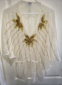 Damen GROSS ELFENBEIN GELADEN GOLD PERLEN transparentes Oberteil SHIRT VOLLE ÄRMEL - Bild 1 von 3