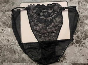 VICTORIA'S SECRET L BLACK LACE MESH STRAPPY VINTAGE RARE STRING BIKINI PANTIES - Picture 1 of 8