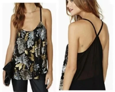 BB Dakota Felicity Floral semi sheer sequin halter top black small Steve Madden - Image 1 of 4