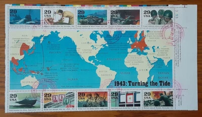 US 1993 29c Used Sheet WWII 1943 Turning the Tide Bakersfield CA PM Superb 6849 - Image 1 of 2