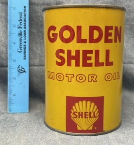 Early Vintage 1Qt Gas Service Station GOLDEN SHELL Motor Oil Tin Can - Picture 1 of 6