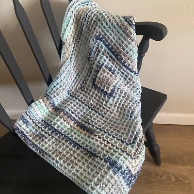 Manta bebé ganchillo - Manta hecha a mano multicolor azul y gris punto gofre Foto 1 de 4