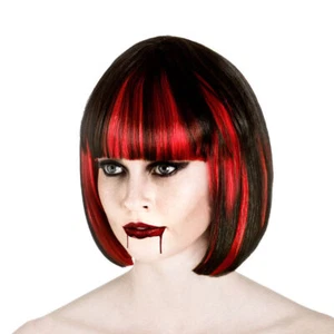 Damen BLUTLUST VAMPIR PERÜCKE Vamp Füchsin Halloween Kostüm Bob Fransen schwarz rot - Bild 1 von 2