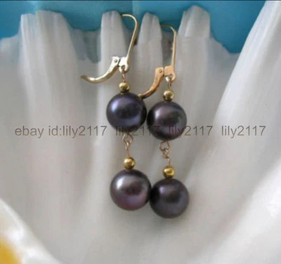 Hermoso Pendiente Colgante AAA+ 9-10mm Redondo Perla Negra Natural Oro Amarillo 14K Foto 1 de 4