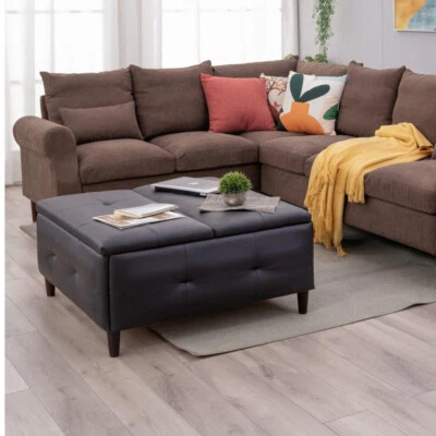 Mesa de centro otomana cuadrada de gran tamaño con almacenamiento, patas de madera maciza, 2 telas Foto 1 de 4