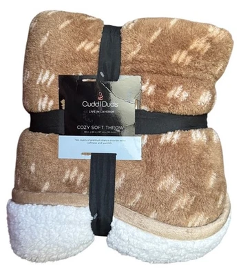 Cuddl Duds COZY SOFT THROW 50 in. x 60 in. Sherpa Blanket KHAKI GEO Reversible - Image 1 of 4