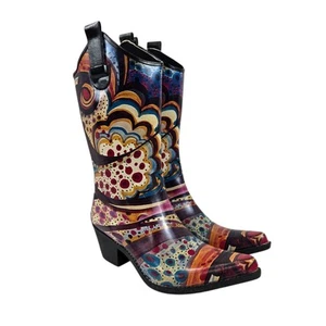Corkys Yippy Western Cowboy Rain Boots Colorful Monet Rubber Boho Chic Pointed - Picture 1 of 10