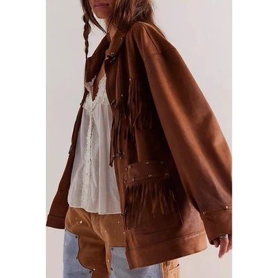 New Free People Vegan Suede Fringe Barn Jacket We The Free Knox Brown Small - Image 1 of 4