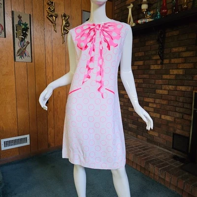 Mini Vestido De Colección Años 60 Mod Trompe L'oeil Rosa Coño Lazo Lunares Go Go Novedad M Foto 1 de 4