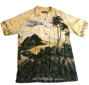 Vintage Tori Richard Men’s Lg. Hawaiian Aloha Floral Shirt Airplane Island Palms - Picture 1 of 4