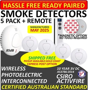 5 Pack Australian Certified Interconnected Photoelectric Smoke Alarm & Remote - Picture 1 of 21
