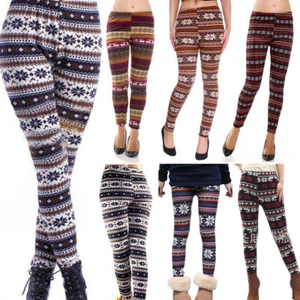 Women's Fleece Lined Thick Nordic Leggings Winter Warm Insulated Christmas Pants - Picture 1 of 28