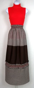 VTG 1950s 60s SAKS FIFTH AVENUE PRAIRIE SKIRT BROWN WHITE CHECKERED RUFFLE TRIM - Picture 1 of 17