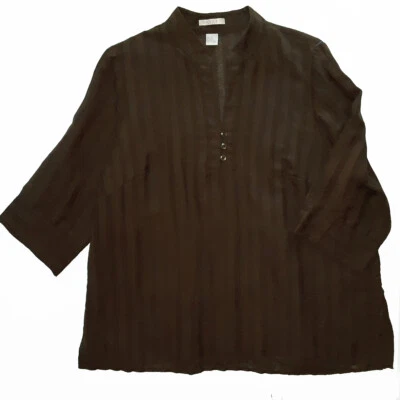 Top túnica TWEEDS mujer talla 2X marrón oscuro lino rayas jacquard manga 3/4 Foto 1 de 4