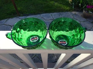 2 Vintage Anchor Hocking Forest Green Bubble Coffee Cups UNUSED w LABEL - Picture 1 of 3