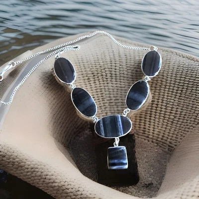 Colar de declaração de pedra preciosa opala azul Owyhee - Banhado a prata - Novo em folha - Imagem 1 de 3