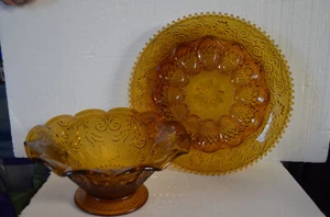 Amber Tiara Indiana Glass Floral Footed Crimped Large Bowl and matching egg dish - Picture 1 of 7