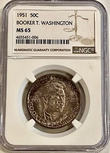 SENSATIONAL TONING 1951 NGC MS-65 BOOKER T. WASHINGTON SILVER HALF DOLLAR - Picture 1 of 4