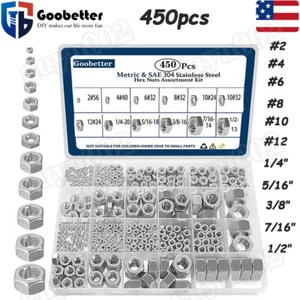 Kit surtido de tuercas hexagonales SAE 450 un. 2#-56, 4#-40 - 1/2"-13 304 acero inoxidable - Imagen 1 de 15