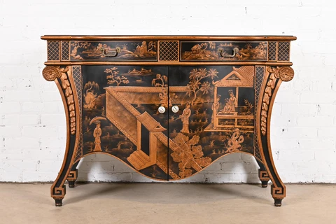 Hand Painted Chippendale Chinoiserie Commode in Black Lacquer Cover