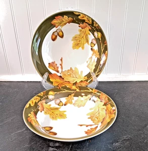 (2) Williams Sonoma Botanical Acorn Oak Leaves 8.75" Bowls Green Thanksgiving - Picture 1 of 6