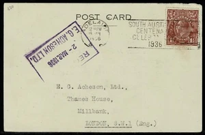 1936 Postal 11⁄2d de The Municipal Tramways Trust de Adelaida a Londres Reino Unido - Imagen 1 de 2