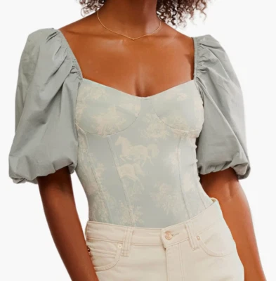 FREE PEOPLE INTIMATELY SAGE GREEN PRAIRIE ROSE TOILE PRINT CORSET BODYSUIT TOP S - Image 1 of 4