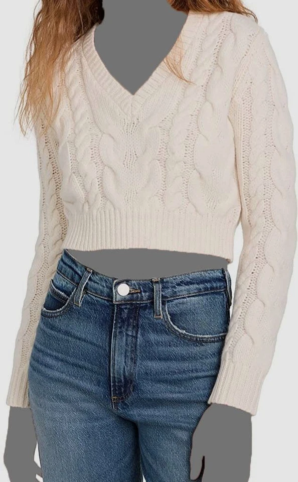 FRAME Women's Ivory Cable Knit V-Neck Cropped Long Sleeve Sweater Size XL