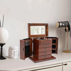 5 Layer Vintage Wooden Jewelry Box Organizer Necklace Rings Case Storage Cabinet - Picture 1 of 18