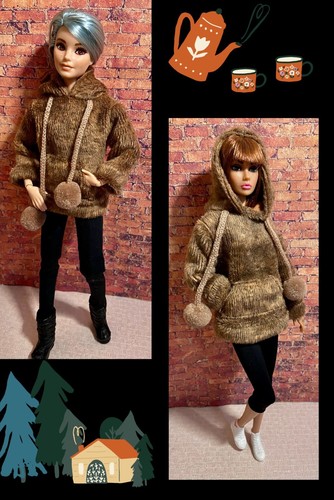 VETEMENTS BAMBOLE MODA TOP CON CAPPUCCIO IN VELLUTO MARRONE. senza etichette... NUOVO