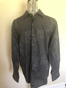 HERREN GR. M JAZ SCHWARZ & SILBER 100 % BAUMWOLLE LANGARM BUTTON DOWN GESTREIFTES HEMD - Bild 1 von 8