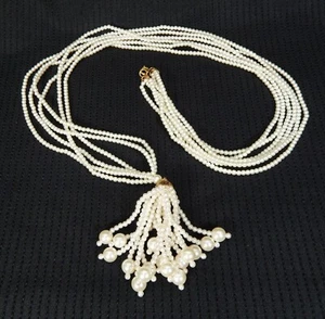 Vintage Faux Pearl Necklace with Tassel & Dangle 6 Strands Gold Tone 40" - Picture 1 of 5