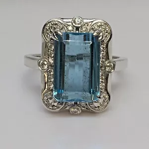 Santa Maria Color Earth Mined  3.75 ct Aquamarine & Diamond 14k White gold ring - Picture 1 of 6