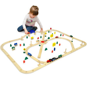 Train set en bois 96 pièces jouet inclus accessoires 6 mètres rails de guidage