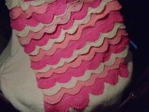 GORGEOUS! VTG Handmade Knit/Crochet Ruffled (White Pink Fuschia) 40X60 Afghan  - Picture 1 of 11