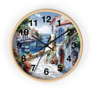 Santorini Island Greece Villas Boats Ocean Art Wall Clock Time Piece Wall Decor - Picture 1 of 19