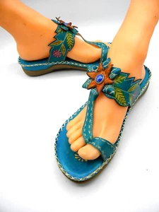 Spring Step BAJAN Turquoise Leather Toe Loop Low Wedge Slide Sandals Size 39 - Picture 1 of 13